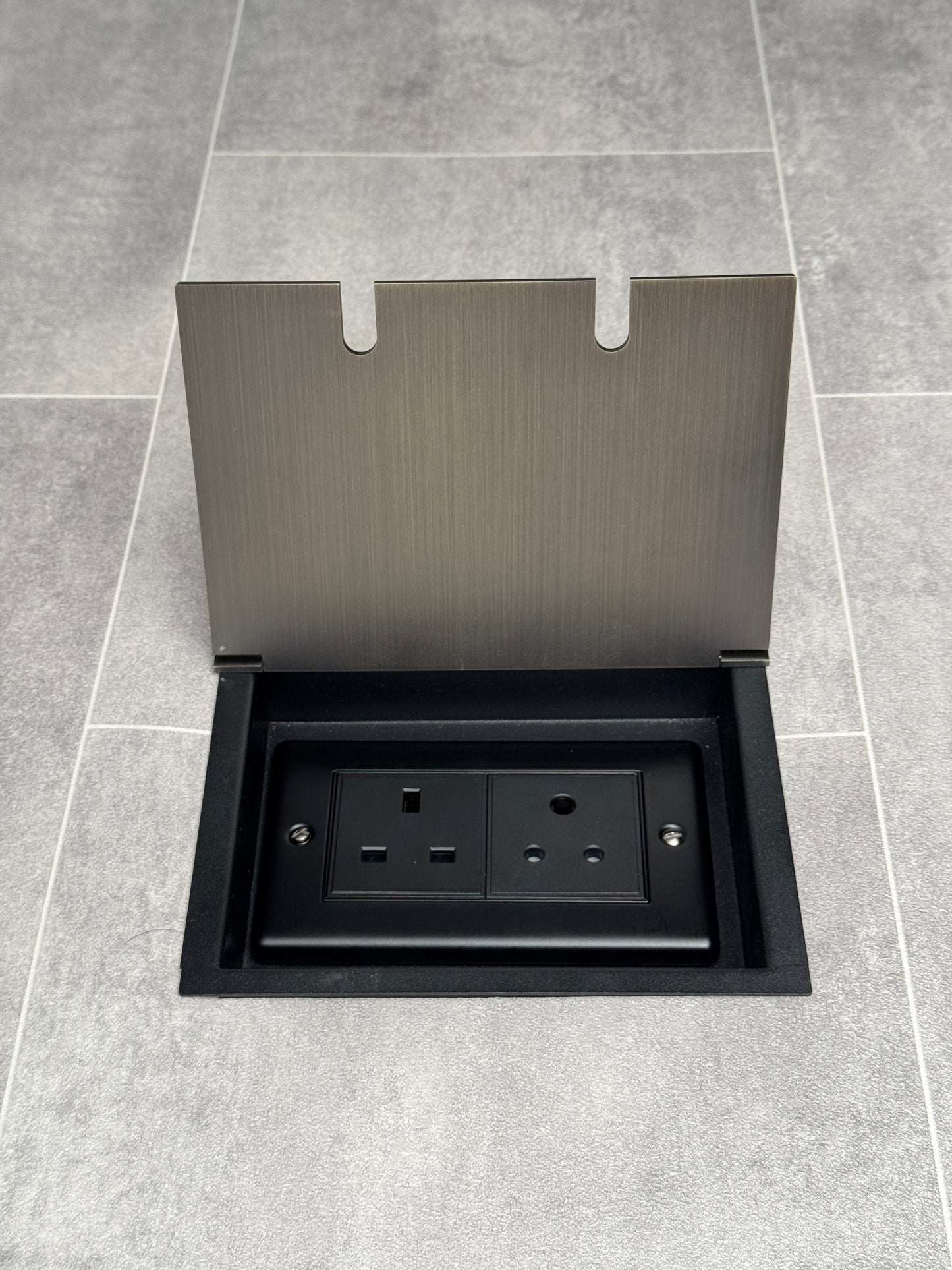 Recessed floor socket double box in antique brass with one 13amp and one 5 amp unswitched socket