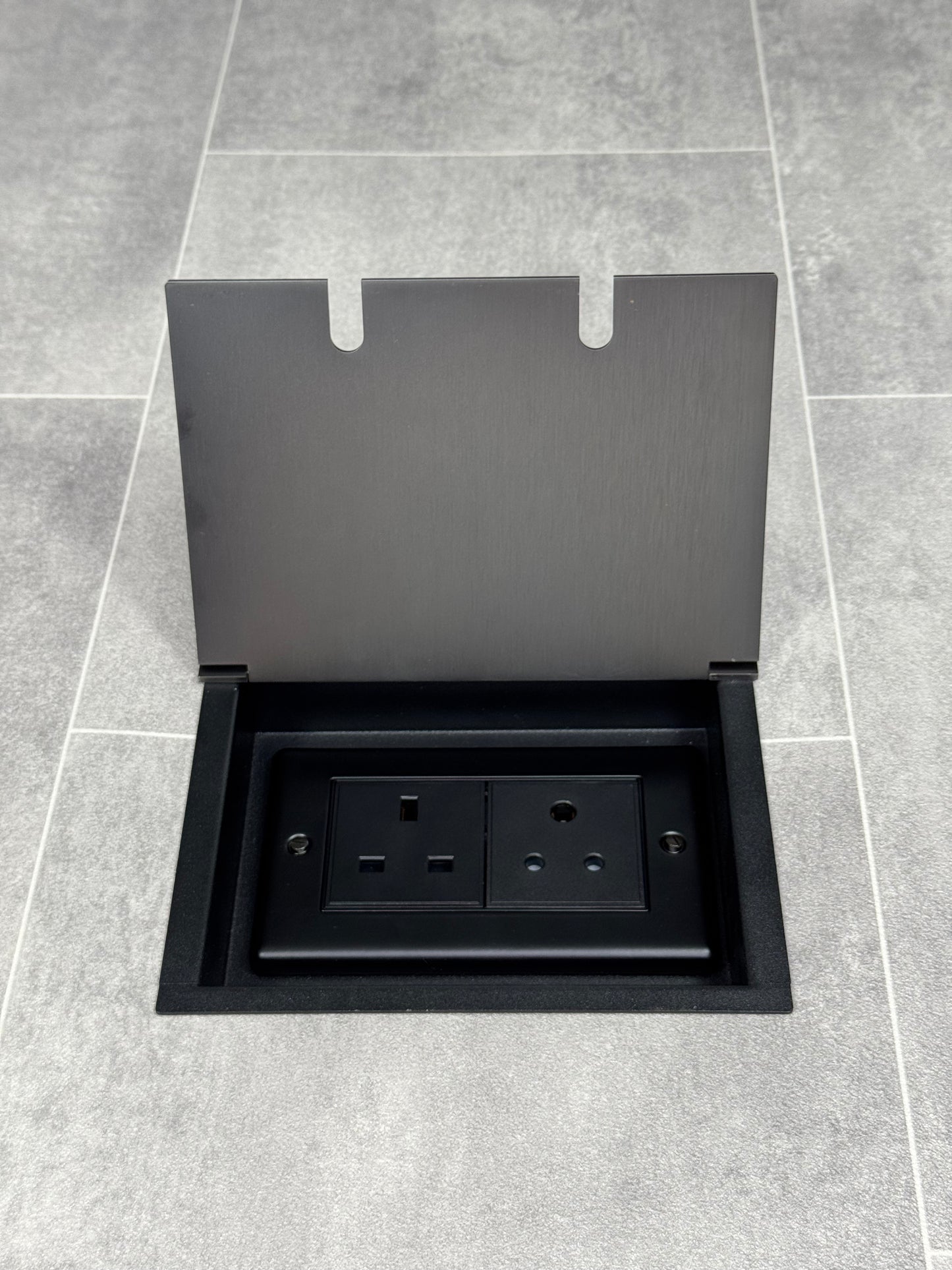 Recessed floor socket double box in old bronze with one 13 amp and one 5 amp unswitched socket
