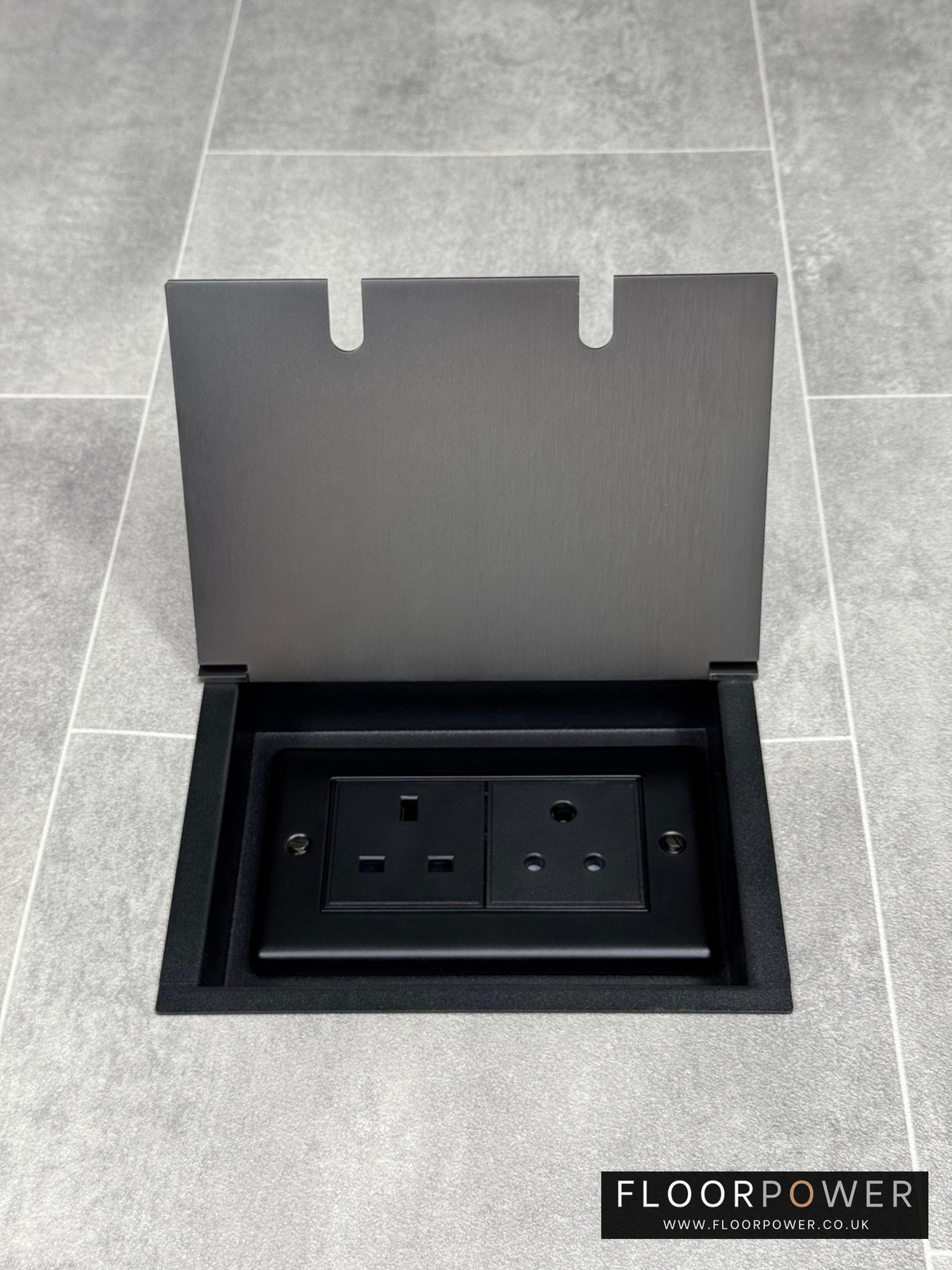 Recessed floor socket double box in old bronze with one 13 amp and one 5 amp unswitched socket