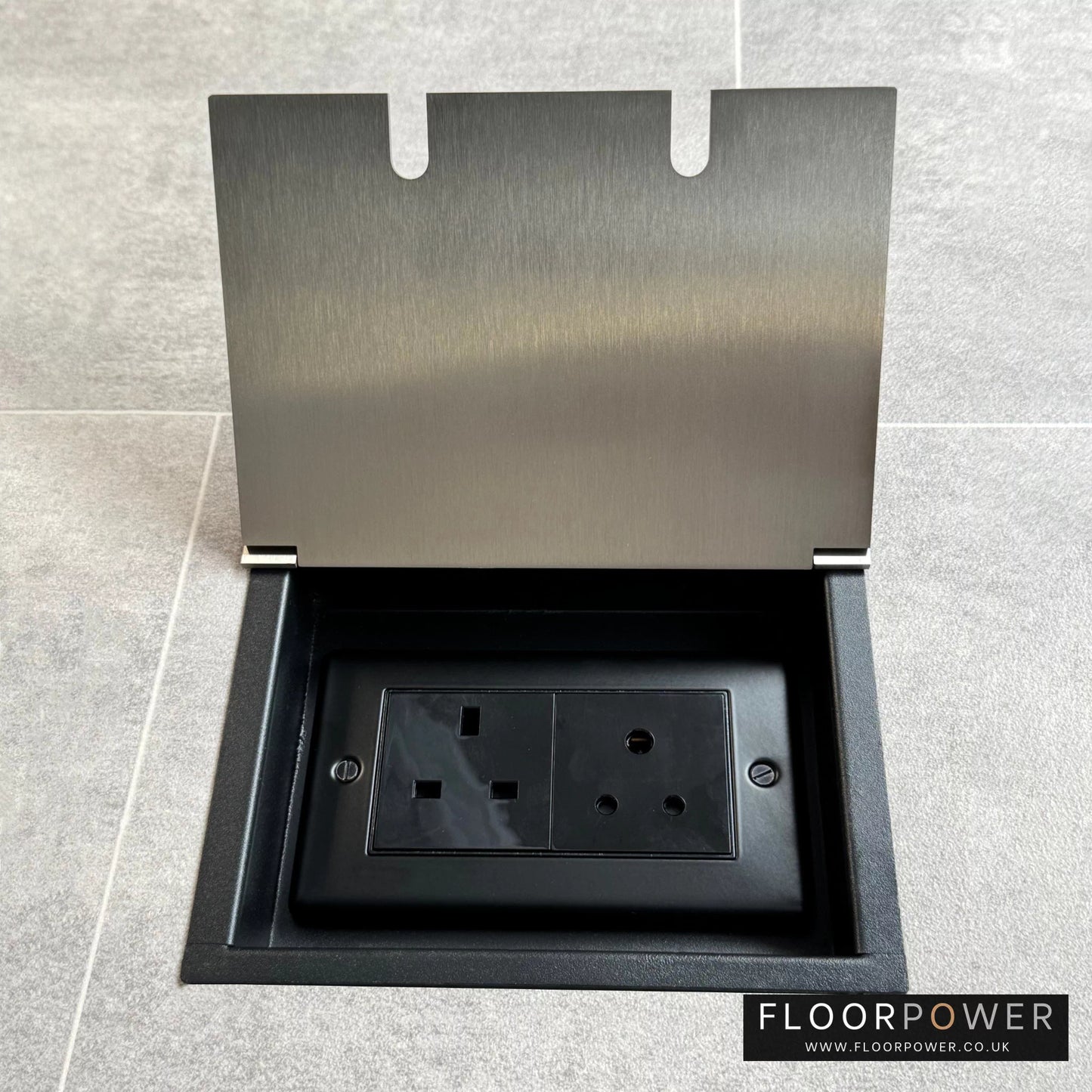 Recessed floor socket double box in satin nickel with one 13amp and one 5 amp unswitched socket