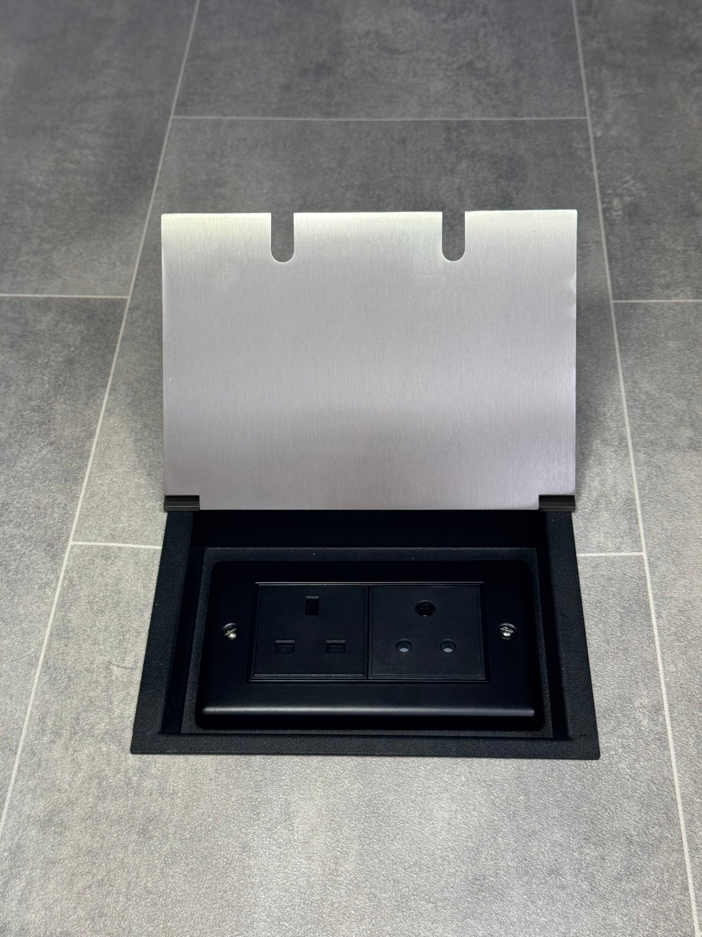 Recessed floor socket double box in satin stainless with one 13 amp and one 5 amp unswitched socket.