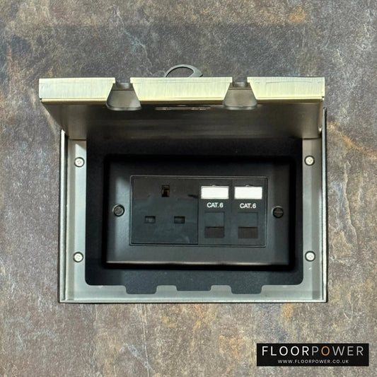 Antique Brass Double Recessed Flush Floor Network Combination Socket (13A Plug & 2 x RJ45 sockets) in a stone floor.