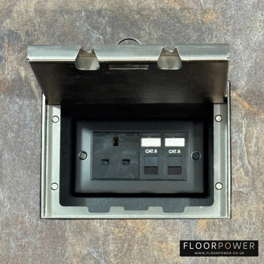 Antique Brass Double Recessed Flush Floor Network Combination Socket (13A Plug & 2 x RJ45 sockets) in a stone floor.