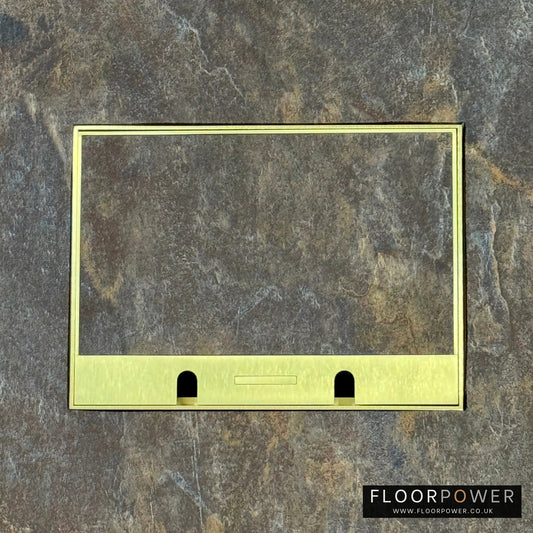 Satin Brass Double Recessed Flush Floor Sockets in a Stone Floor with the stone flooring also inset into the lid.