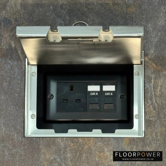 Satin Stainless Double Recessed Flush Floor Network Combination Socket (13A Plug & 2 x RJ45 sockets) in a stone floor.