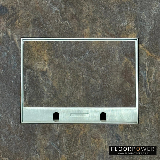 Satin Stainless Double Recessed Flush Floor Sockets in a Stone Floor with the stone flooring also inset into the lid.