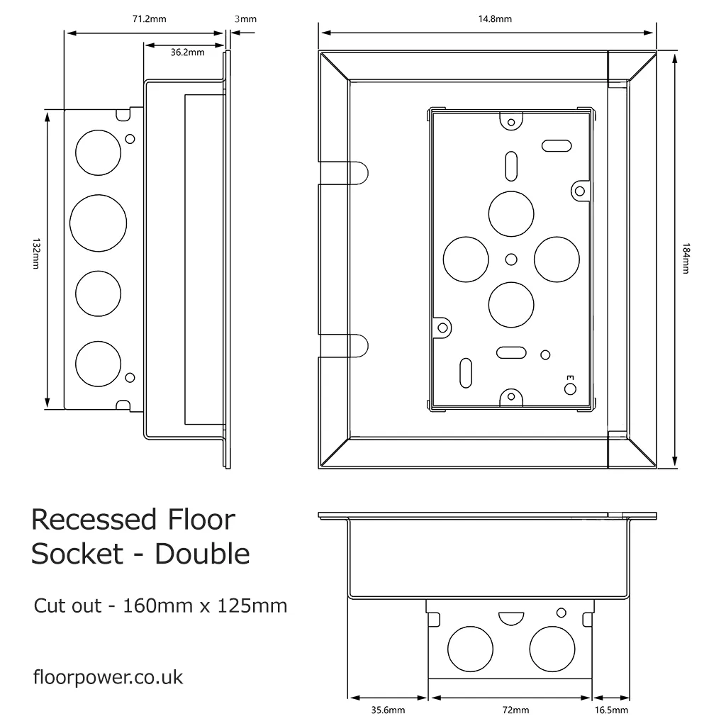 Technical drawing of a double recessed floor socket with dimensions and cut-out details.