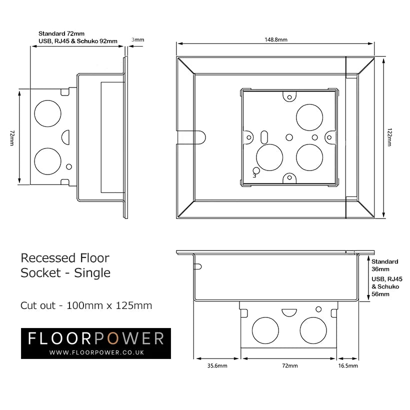 Technical drawing of a single recessed floor socket with dimensions and cut-out details.