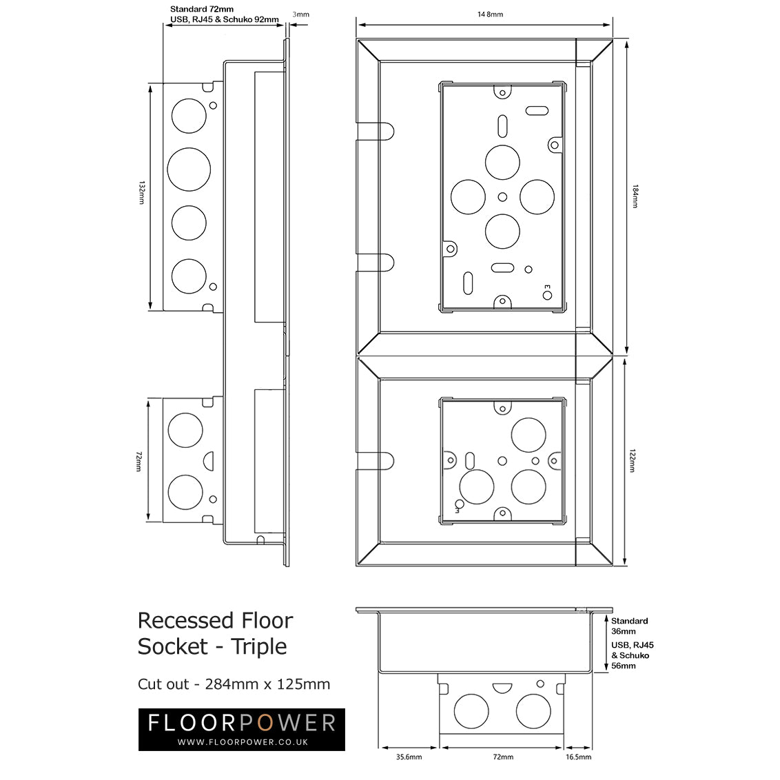 Technical drawing of a triple recessed floor socket with dimensions and cut-out details.