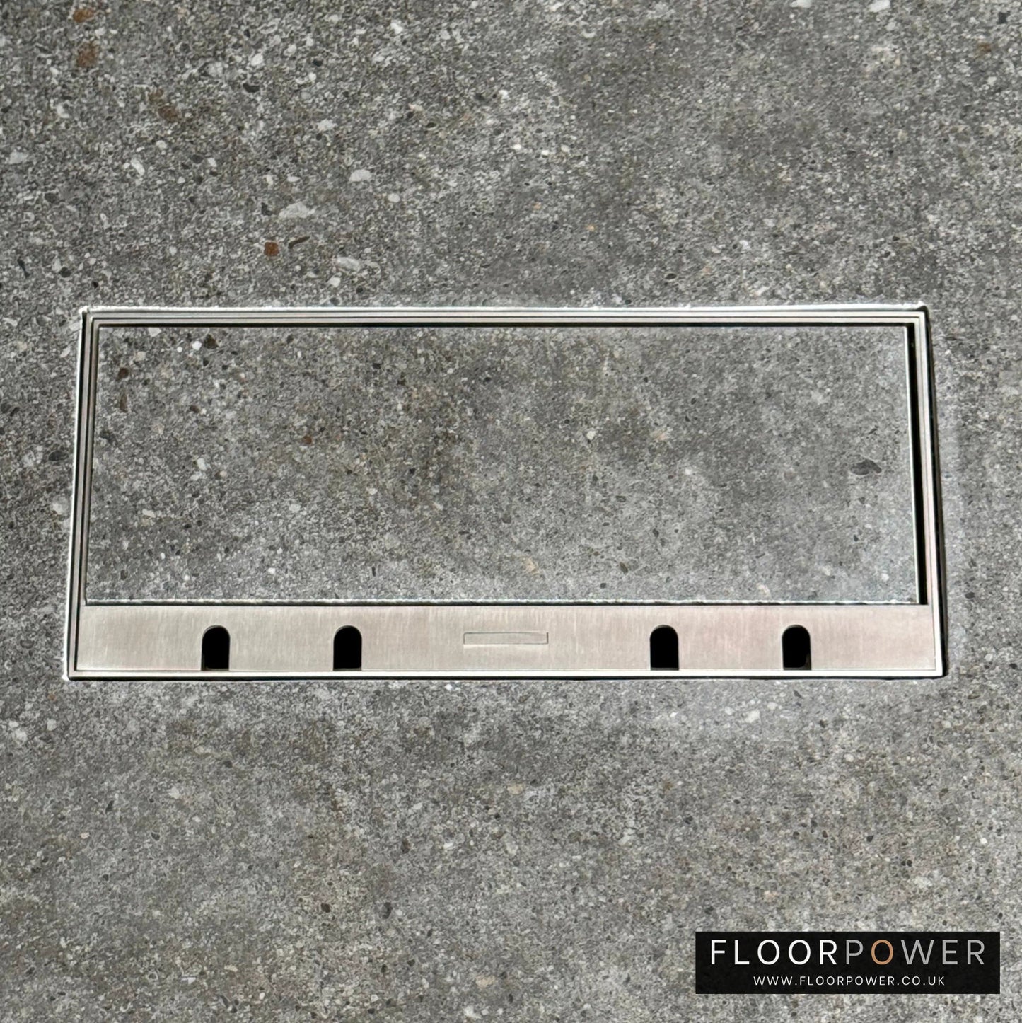 Flush Recessed Floor Socket with Satin Stainless Surround in grey stone floor