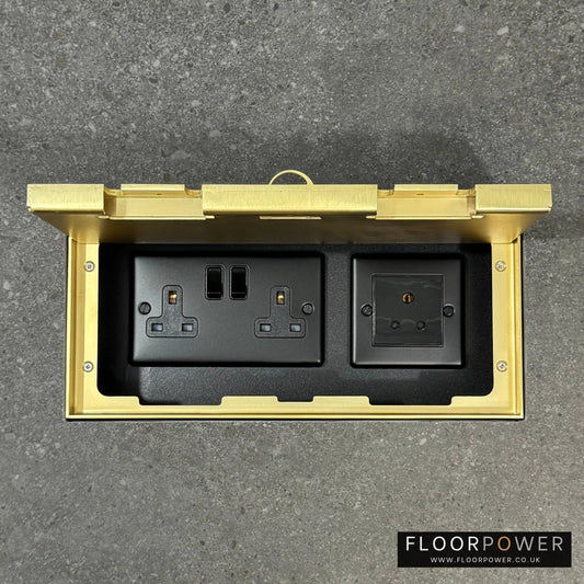 Triple Lighting Combination Flush Recessed Floor Socket with Satin Brass Surround in grey stone floor