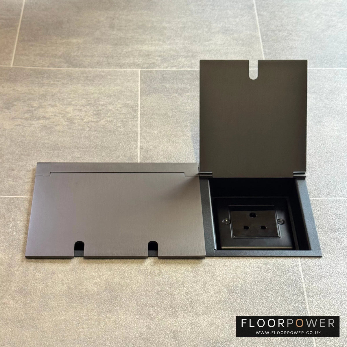 Network combination triple floor socket in Old Bronze with dual RJ45 Cat6 network socket lid open.