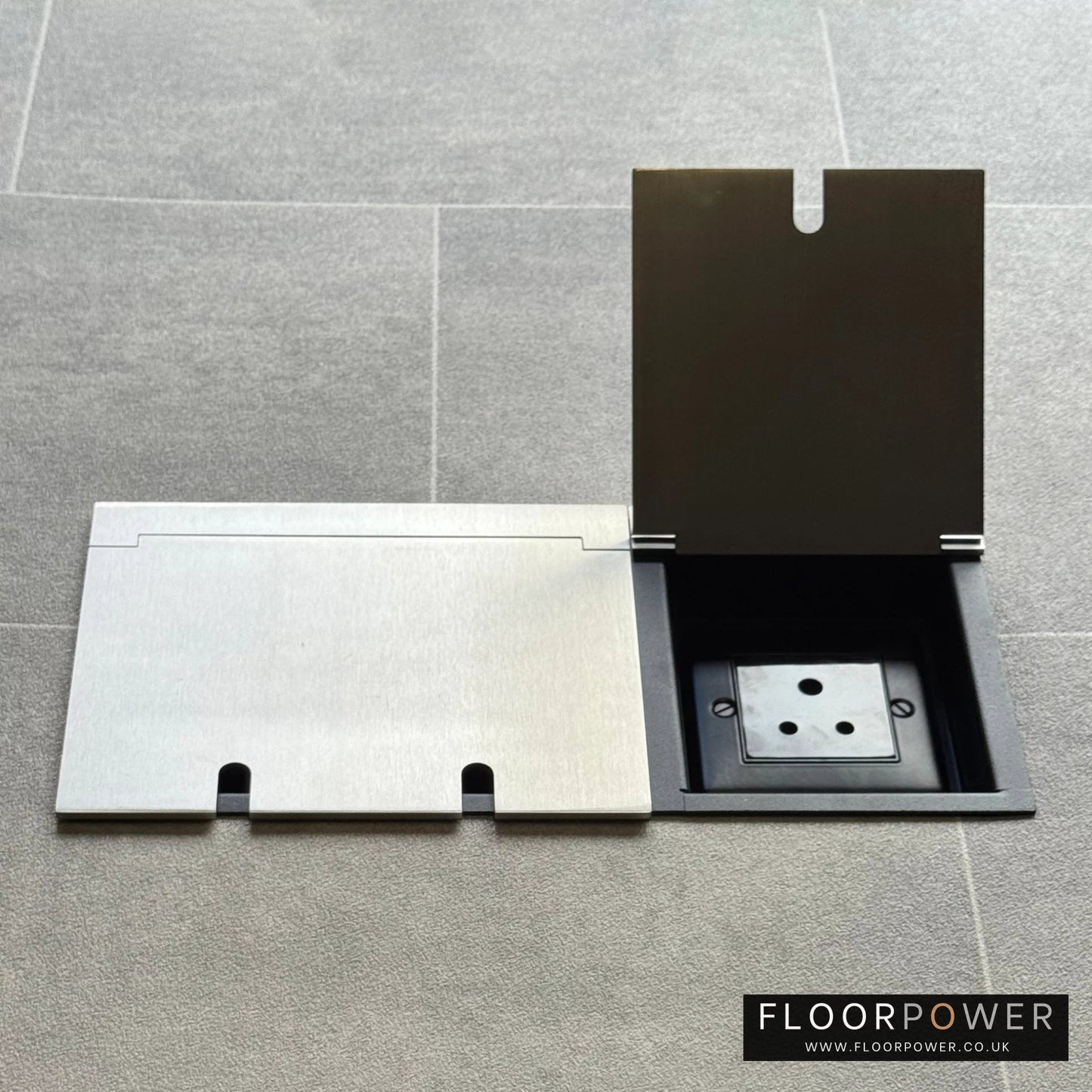 Lighting combination triple floor socket in Satin Nickel with 5A round pin socket lid open.