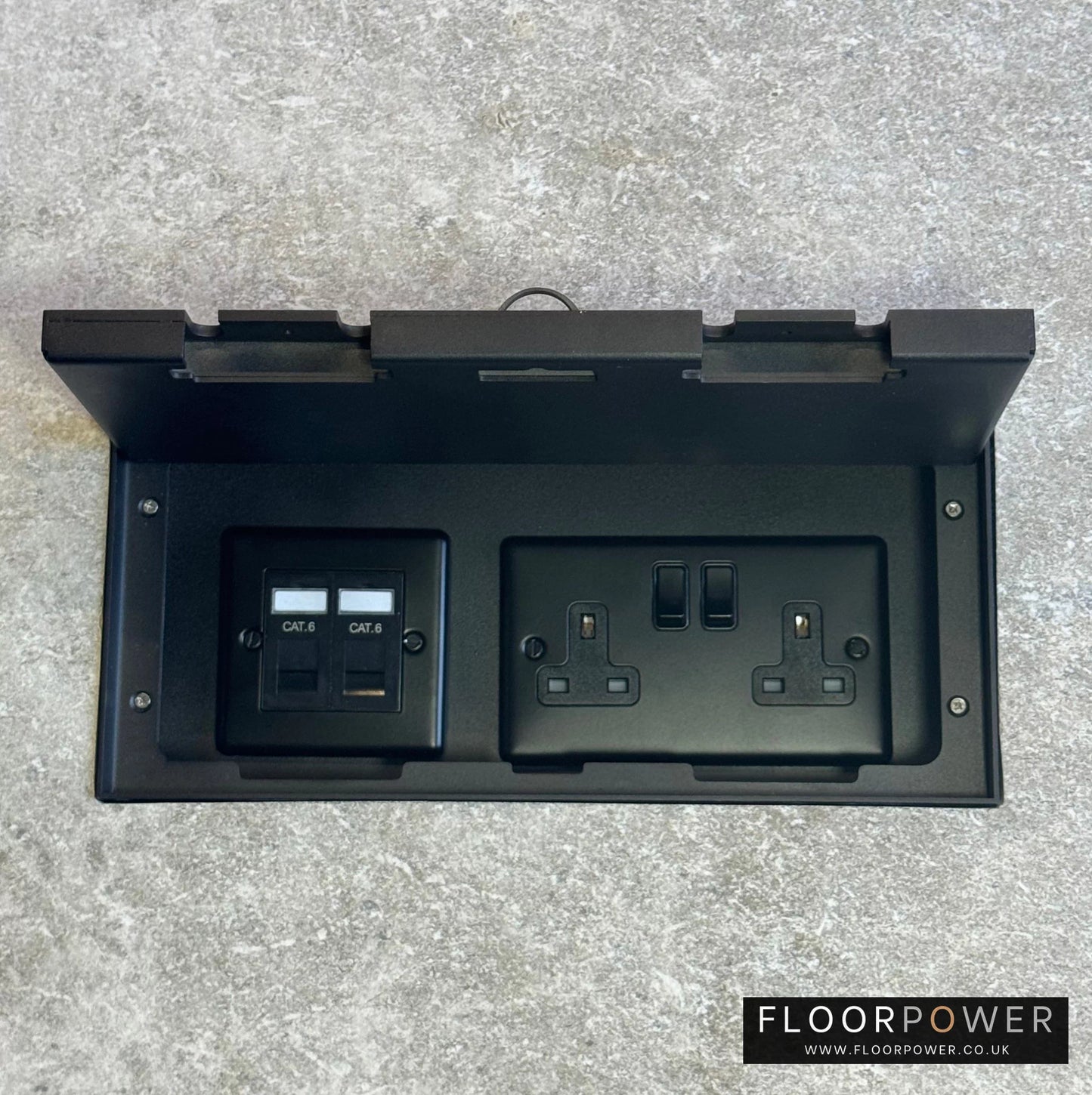 Triple Network Combination Flush Recessed Floor Socket with Black Surround in light stone floor