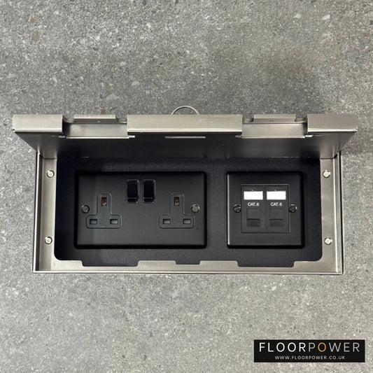 Triple Network Combination Flush Recessed Floor Socket with Old Bronze Surround in grey stone floor