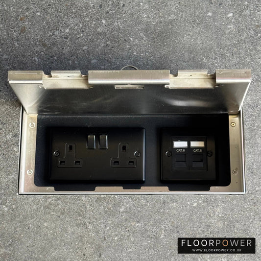 Triple Network Combination Flush Recessed Floor Socket with Satin Stainless Surround in grey stone floor