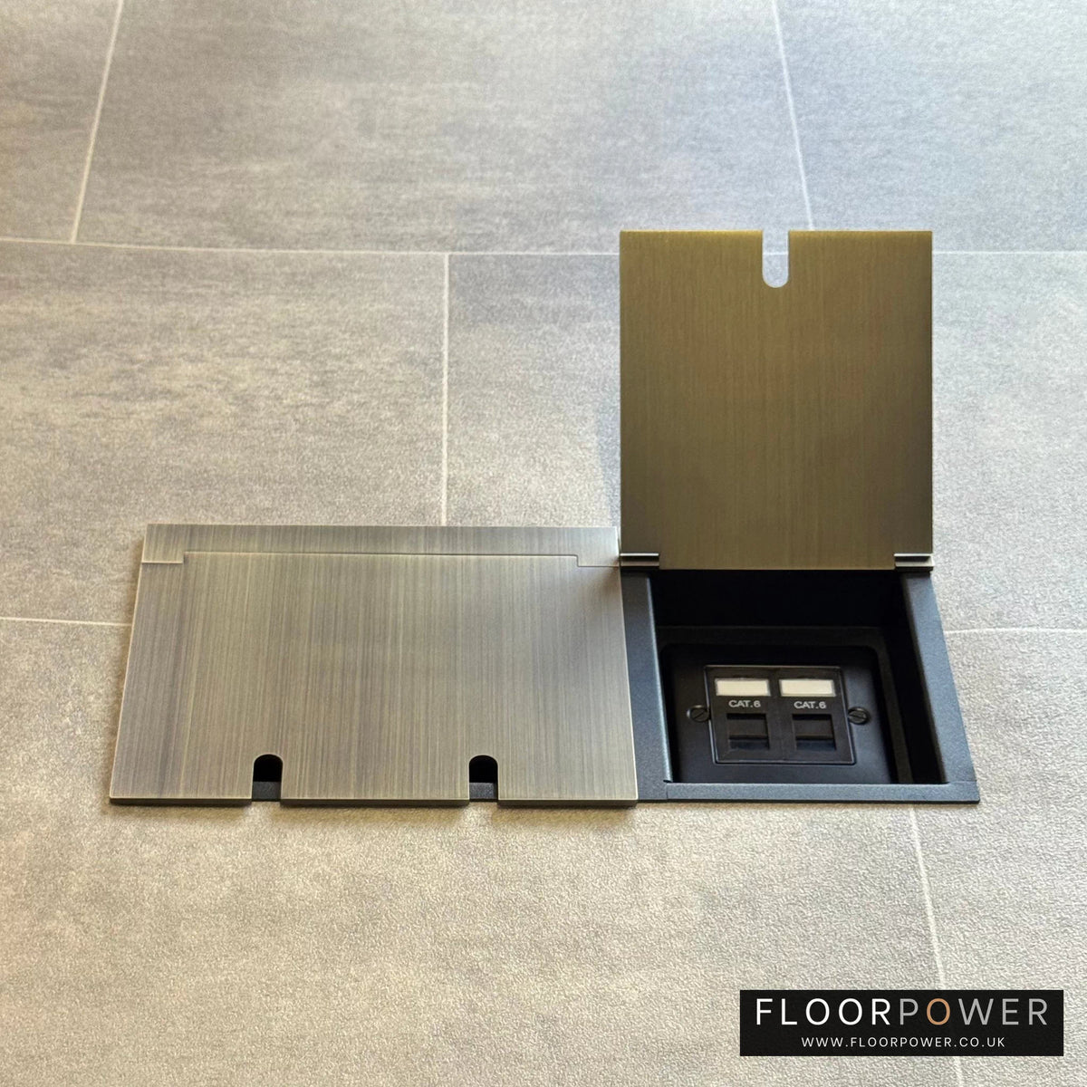 Network combination triple floor socket in Antique Brass with dual RJ45 Cat6 network socket lid open.