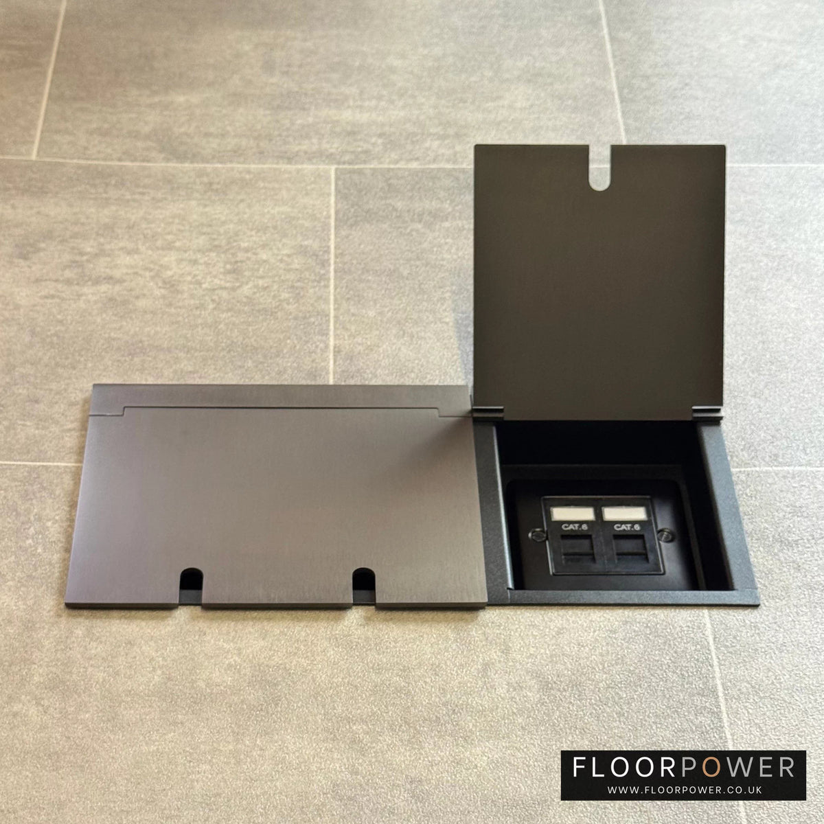 Network combination triple floor socket in Old Bronze with dual RJ45 Cat6 network socket lid open.