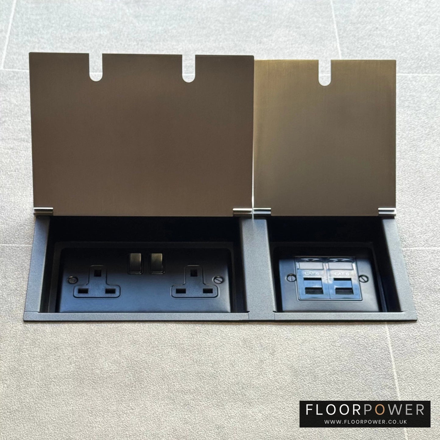 Satin Nickel network combination triple floor socket with double 13A switched plug socket and two RJ45 Cat6 network socket, both lids open.
