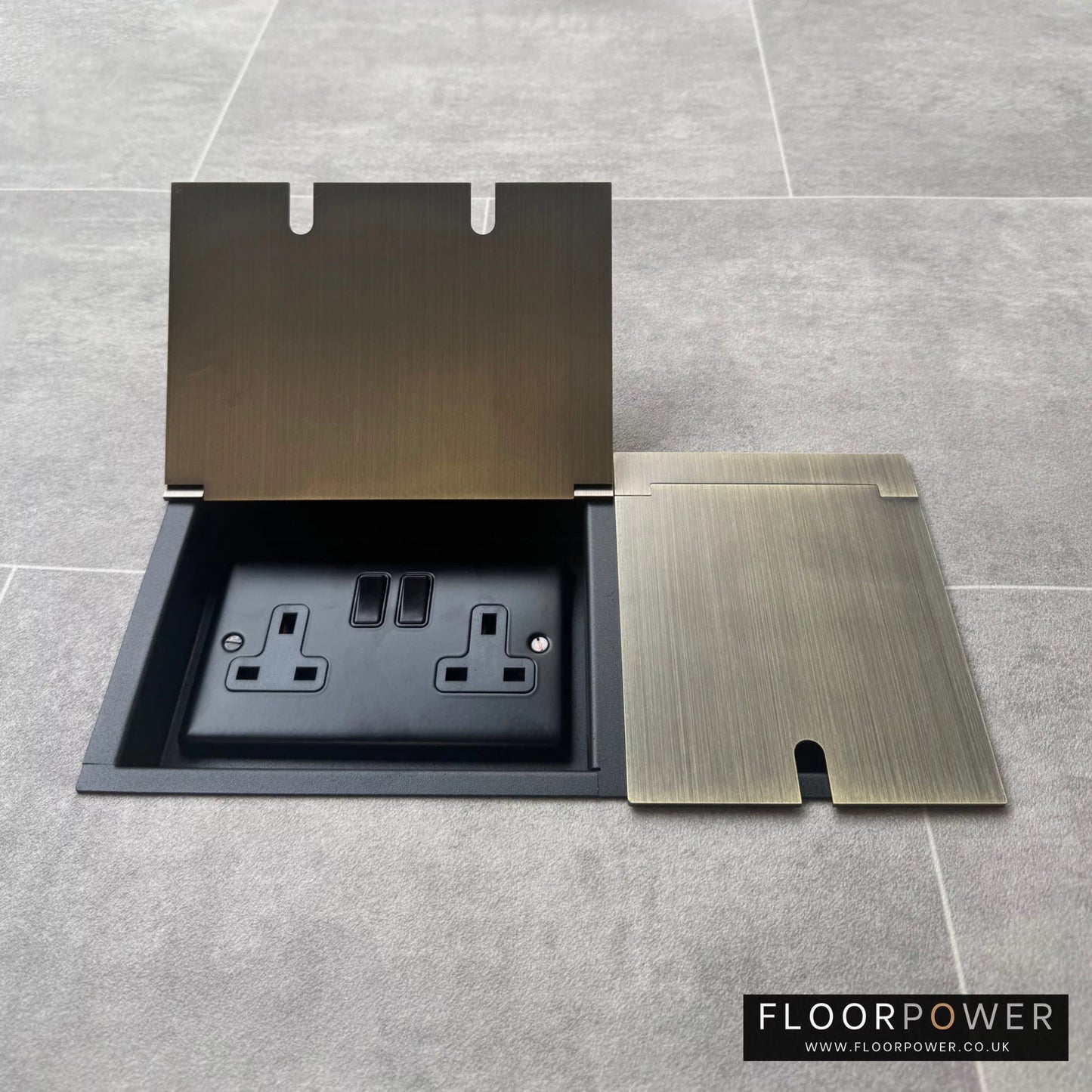 Triple Recessed Floor Socket in Antique Brass with double side lid open showing plug socket.