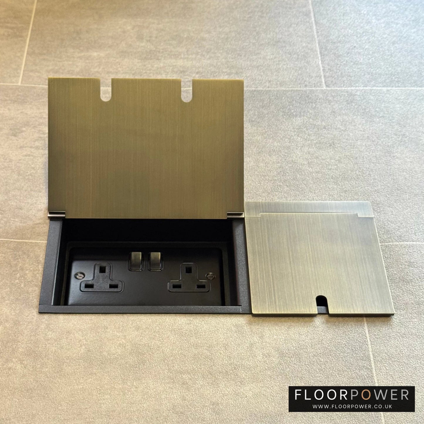 Triple Recessed Floor Socket in Antique Brass with double side lid open showing plug socket.