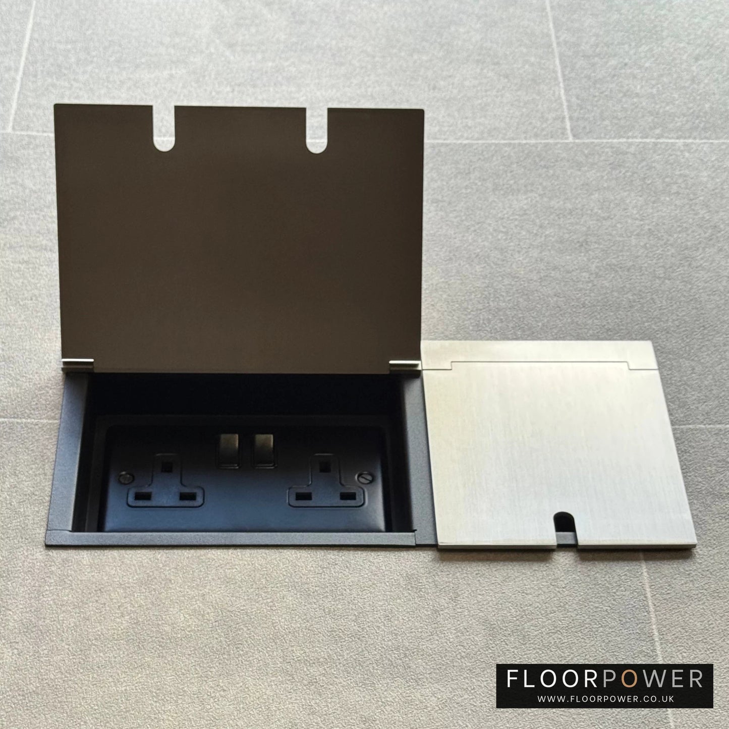 Triple Recessed Floor Socket in Satin Nickel with double side lid open showing plug socket.