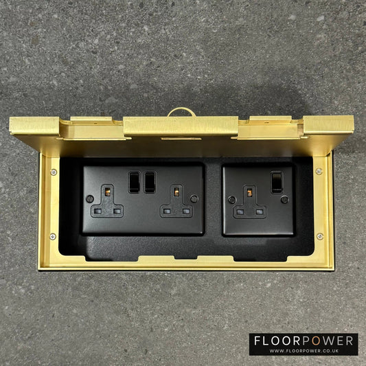 Triple Plug Socket Flush Recessed Floor Socket with Satin Brass Surround in grey stone floor