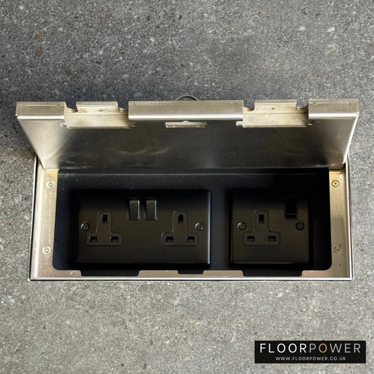 Triple Socket Flush Recessed Floor Socket with Satin Stainless Surround in grey stone floor