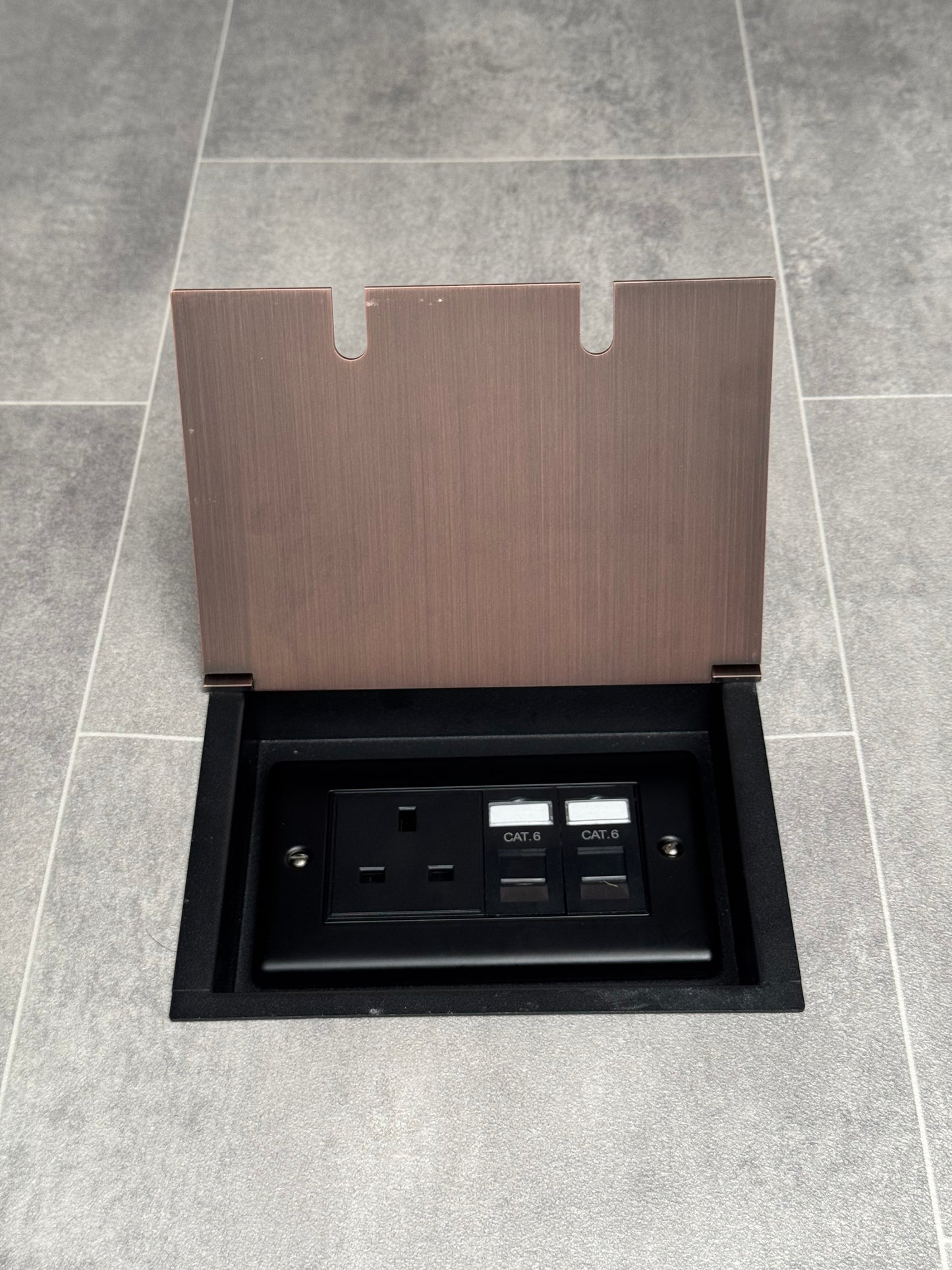Recessed floor socket double box in antique copper with one 13amp unswitched socket and two RJ45 sockets