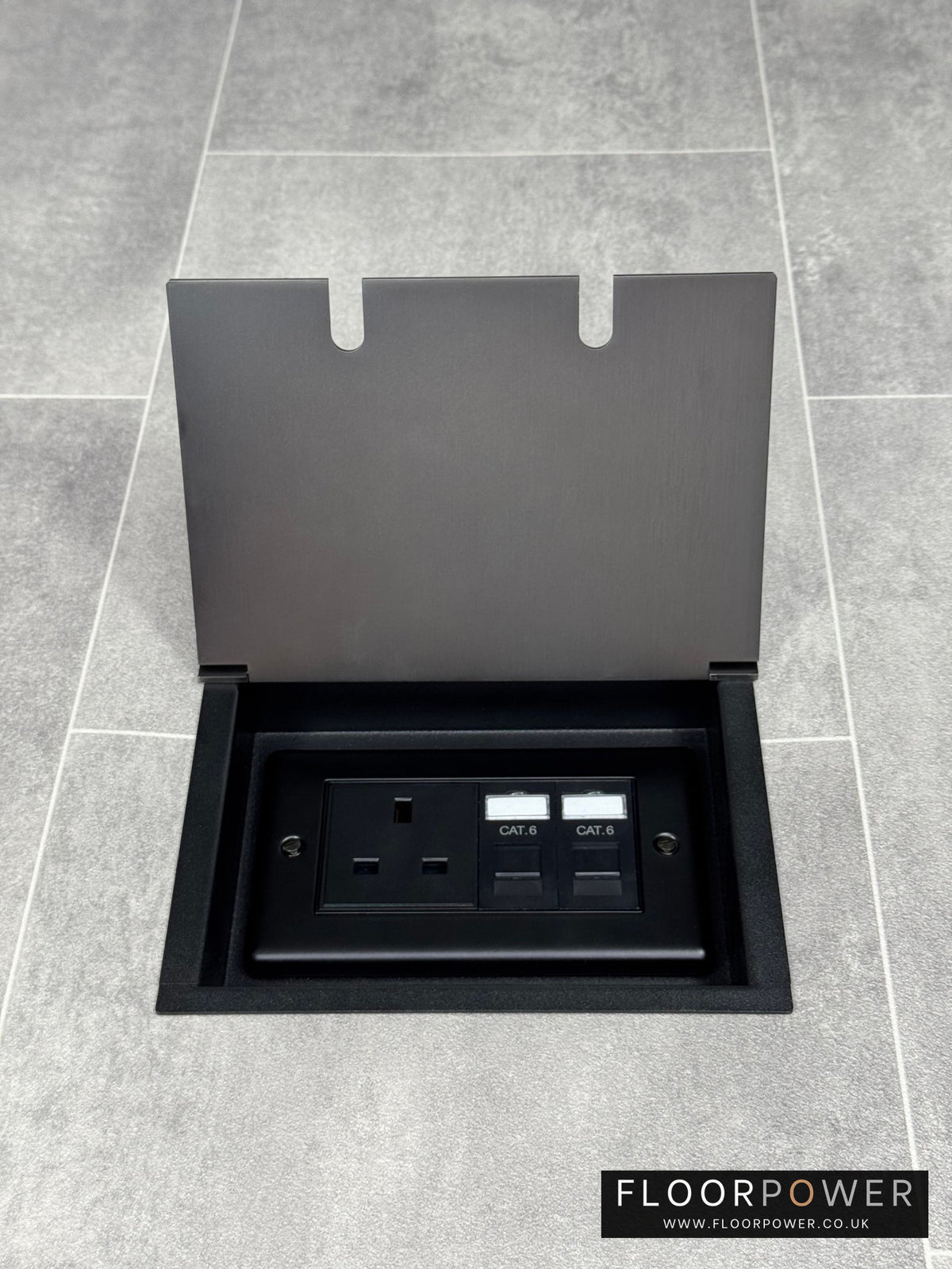 Recessed floor socket double box in old bronze with one 13amp unswitched socket and two RJ45 sockets.