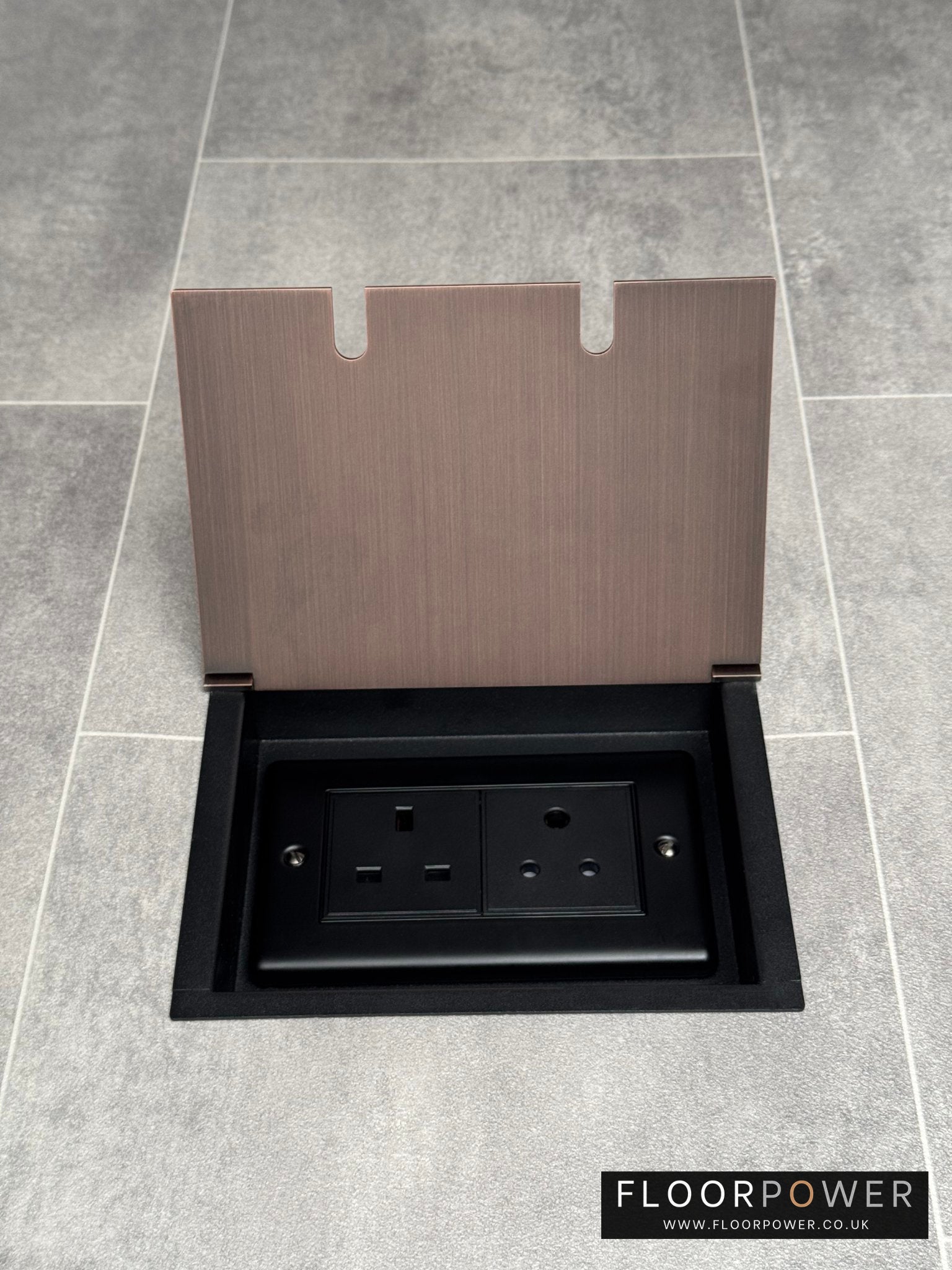 Recessed floor socket double box in antique copper with one 13 amp and one 5 amp unswitched socket