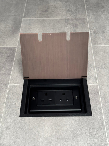 Recessed floor socket double box in antique copper with one 13 amp and one 5 amp unswitched socket