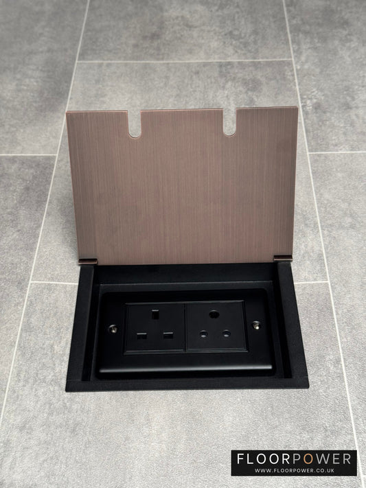 Recessed floor socket double box in antique copper with one 13 amp and one 5 amp unswitched socket