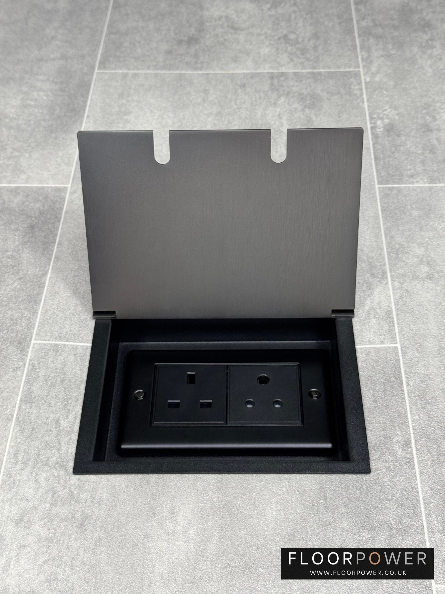 Recessed floor socket double box in old bronze with one 13 amp and one 5 amp unswitched socket