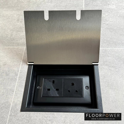 Recessed floor socket double box in satin nickel with one 13amp and one 5 amp unswitched socket