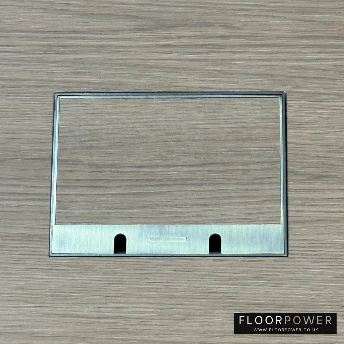 Antique Brass Double Recessed Flush Floor Sockets in a Light Wood Floor with the wood flooring also inset into the lid.