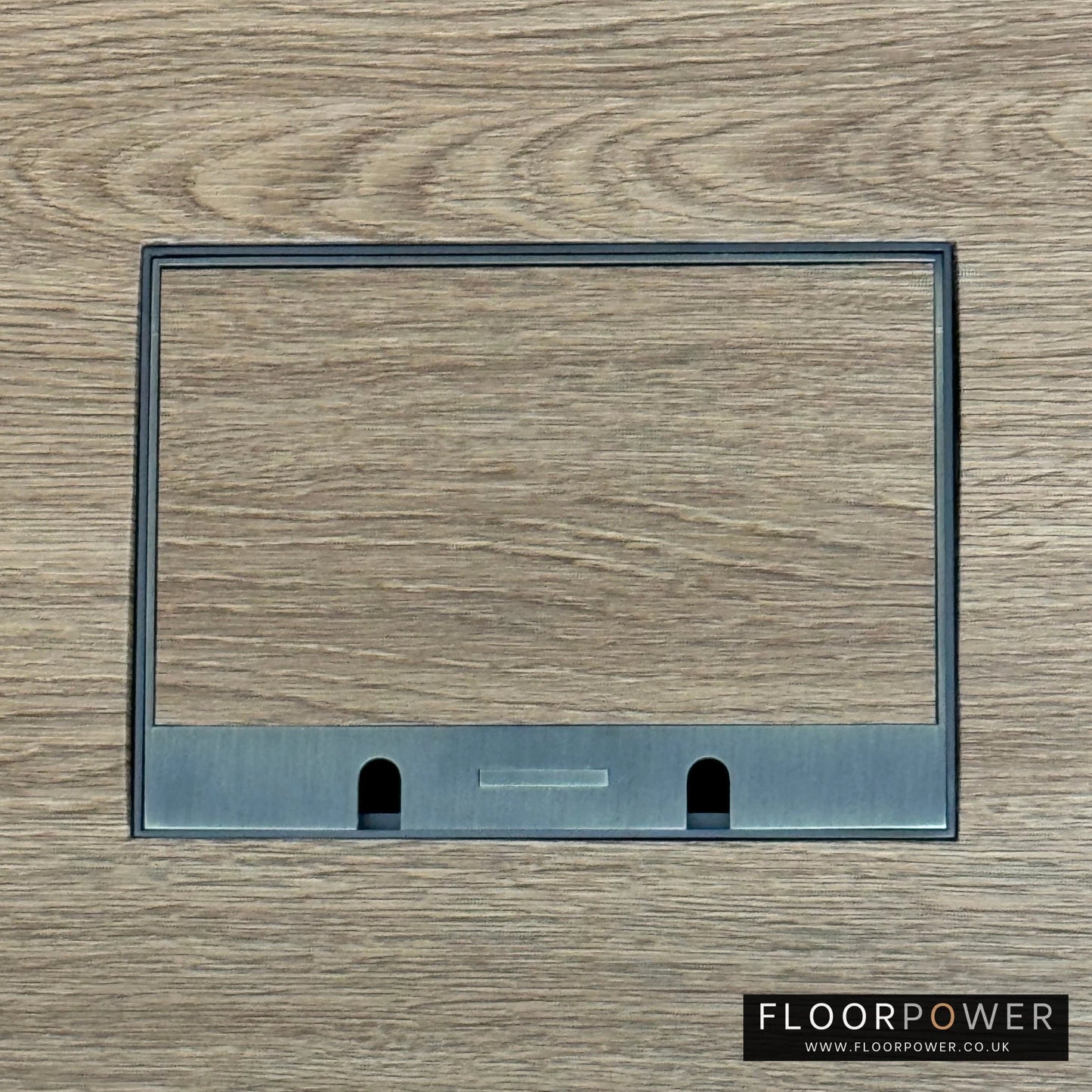 Antique Brass Double Recessed Flush Floor Sockets in an Oak Floor with oak flooring also inset into the lid.