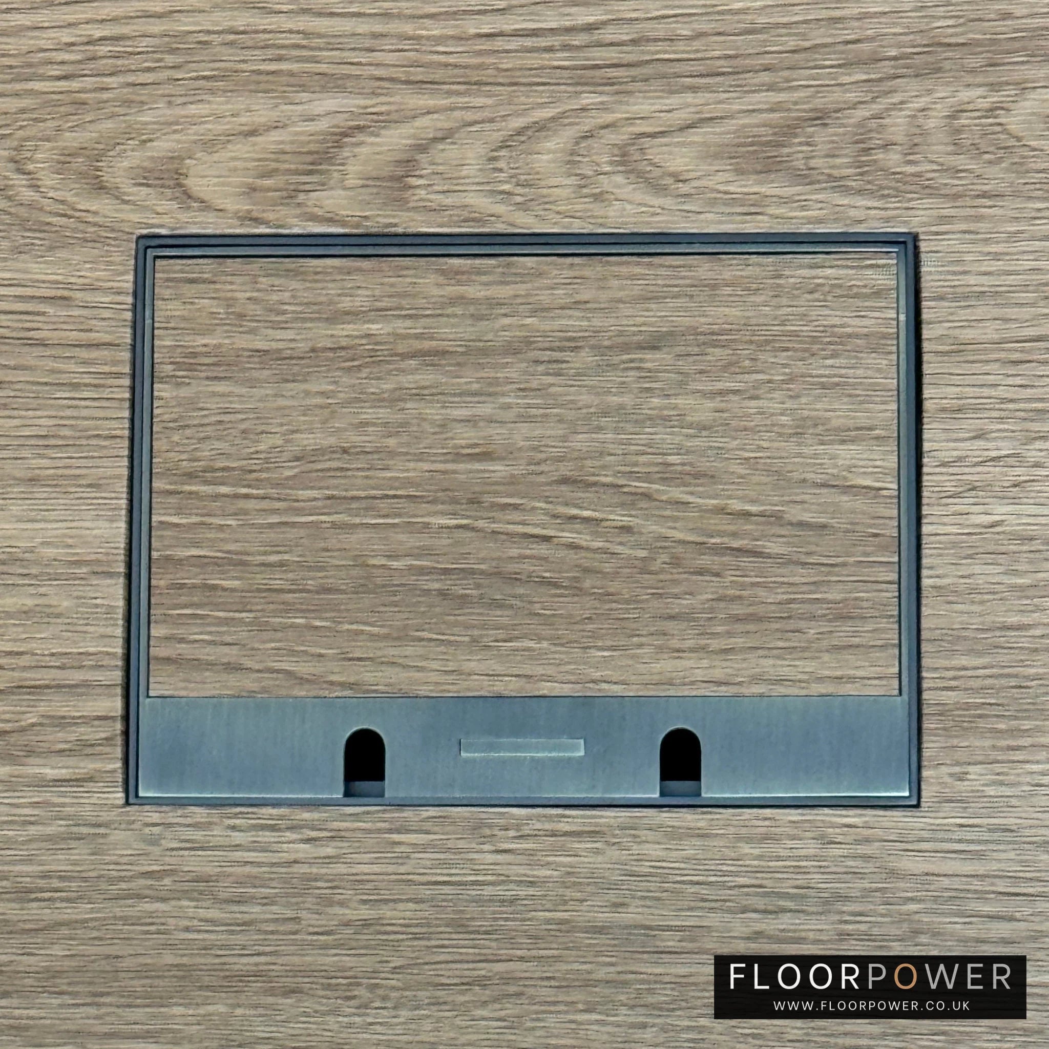 Antique Brass Double Recessed Flush Floor Sockets in an Oak Floor with oak flooring also inset into the lid.