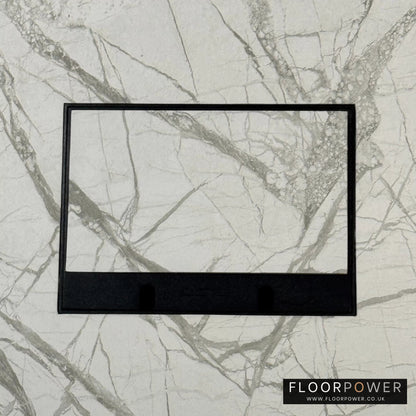 Matt Black Double Recessed Flush Floor Sockets in a Marble Floor with the marble also inset into the lid.