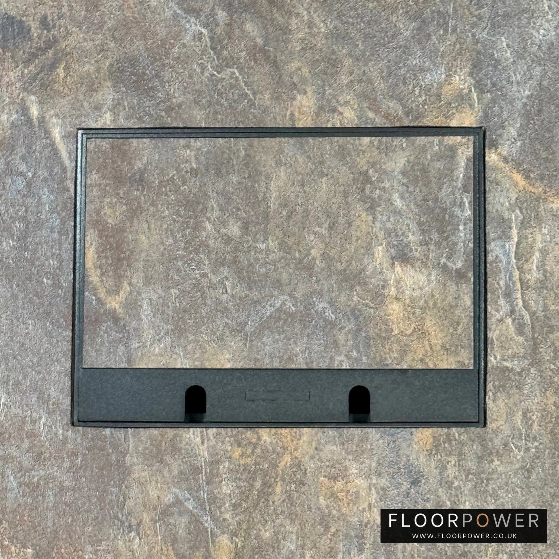 Matt Black Double Recessed Flush Floor Sockets in a Stone Floor with the stone flooring also inset into the lid.