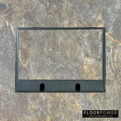 Matt Black Double Recessed Flush Floor Sockets in a Stone Floor with the stone flooring also inset into the lid.