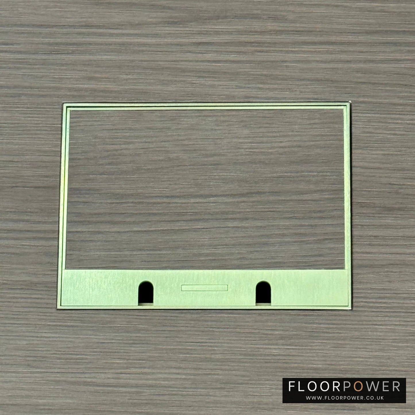 Satin Brass Double Recessed Flush Floor Sockets in a Light Wood Floor with the wood flooring also inset into the lid.