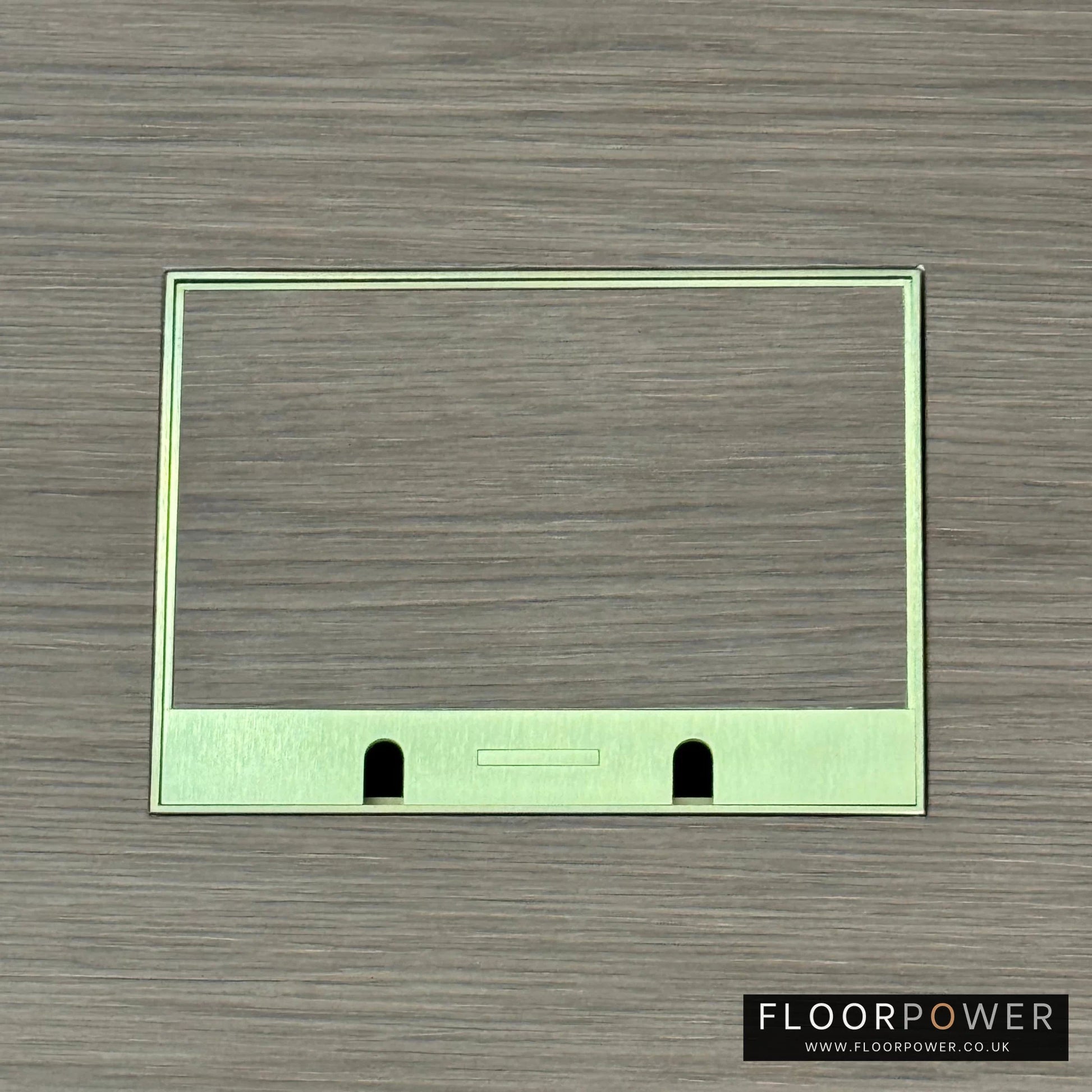 Satin Brass Double Recessed Flush Floor Sockets in a Light Wood Floor with the wood flooring also inset into the lid.