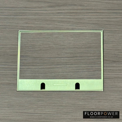 Satin Brass Double Recessed Flush Floor Sockets in a Light Wood Floor with the wood flooring also inset into the lid.