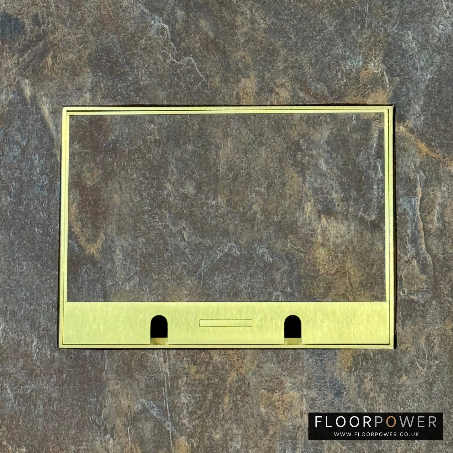 Satin Brass Double Recessed Flush Floor Sockets in a Stone Floor with the stone flooring also inset into the lid.