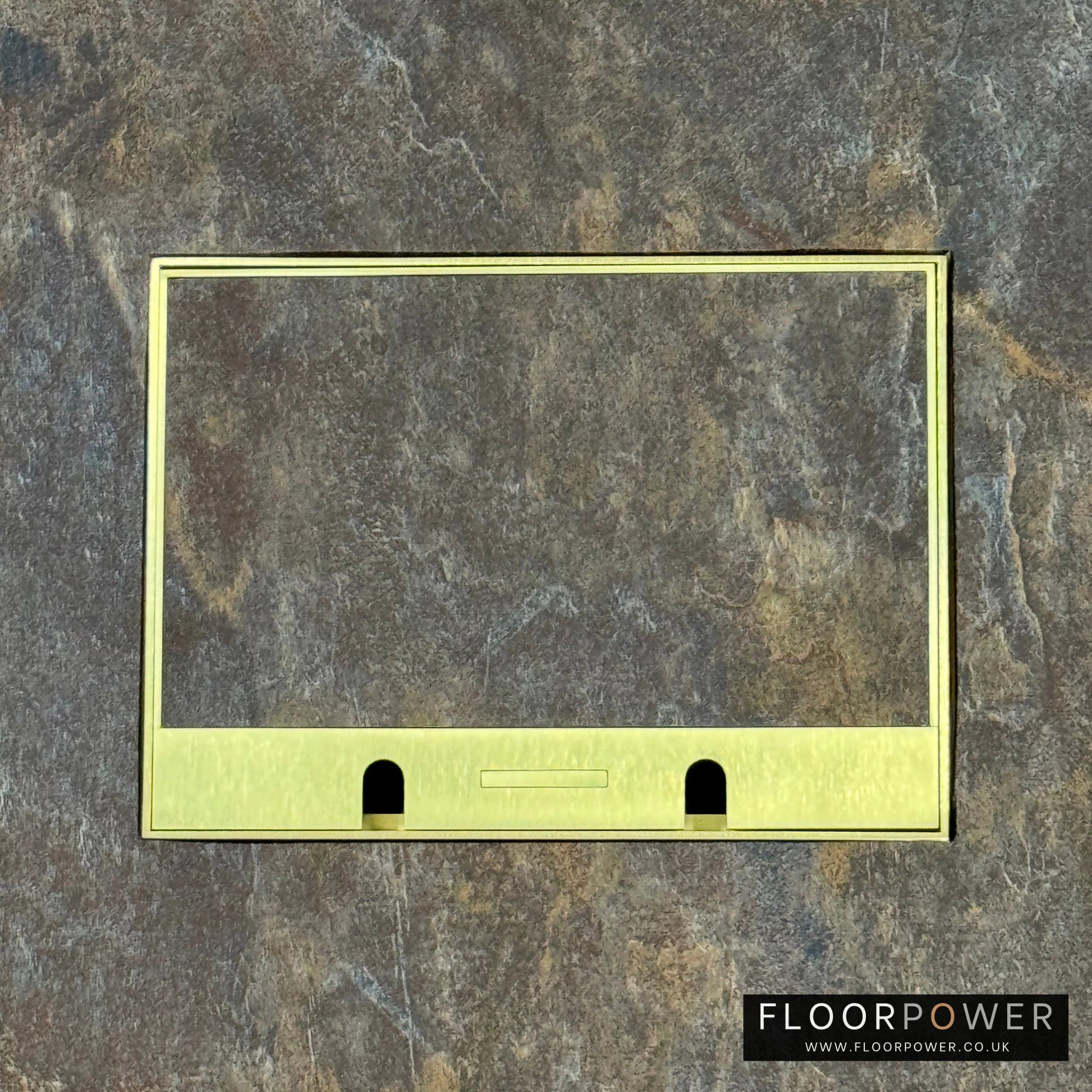 Satin Brass Double Recessed Flush Floor Sockets in a Stone Floor with the stone flooring also inset into the lid.