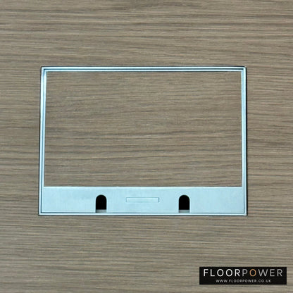 Satin Stainless Double Recessed Flush Floor Sockets in a Light Wood Floor with the wood flooring also inset into the lid.