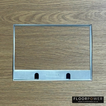 Satin Stainless Double Recessed Flush Floor Sockets in an Oak Floor with oak flooring also inset into the lid.
