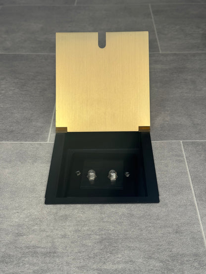 A satin brass recessed floor socket with a cover, two satellite F connectors for dual satellite feed.