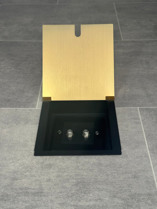 A satin brass recessed floor socket with a cover, two satellite F connectors for dual satellite feed.